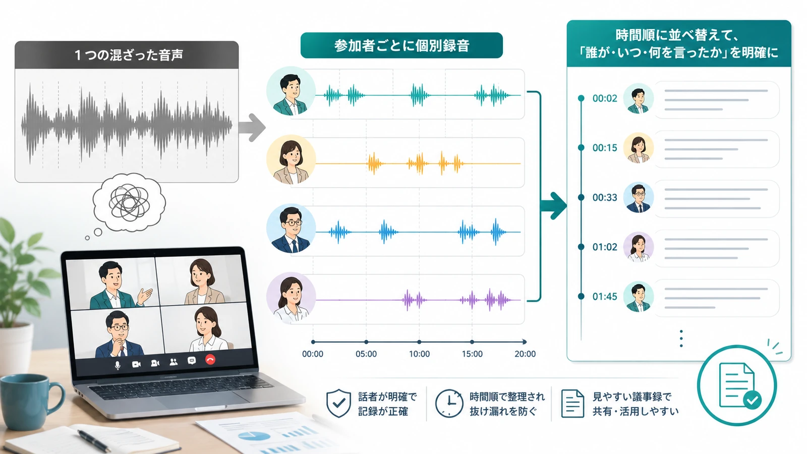 混ざった1本の音声から話者を推定するのではなく、混ざる前に人ごとに分けて録る