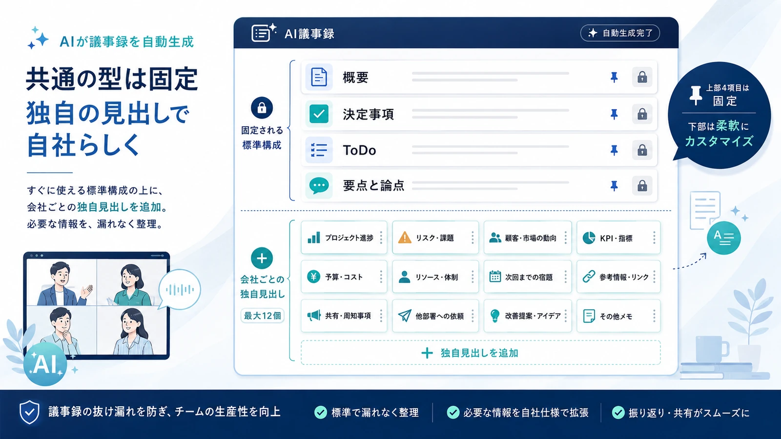 標準の4項目はそのまま残り、会社が決めた独自の見出しがその下に足される