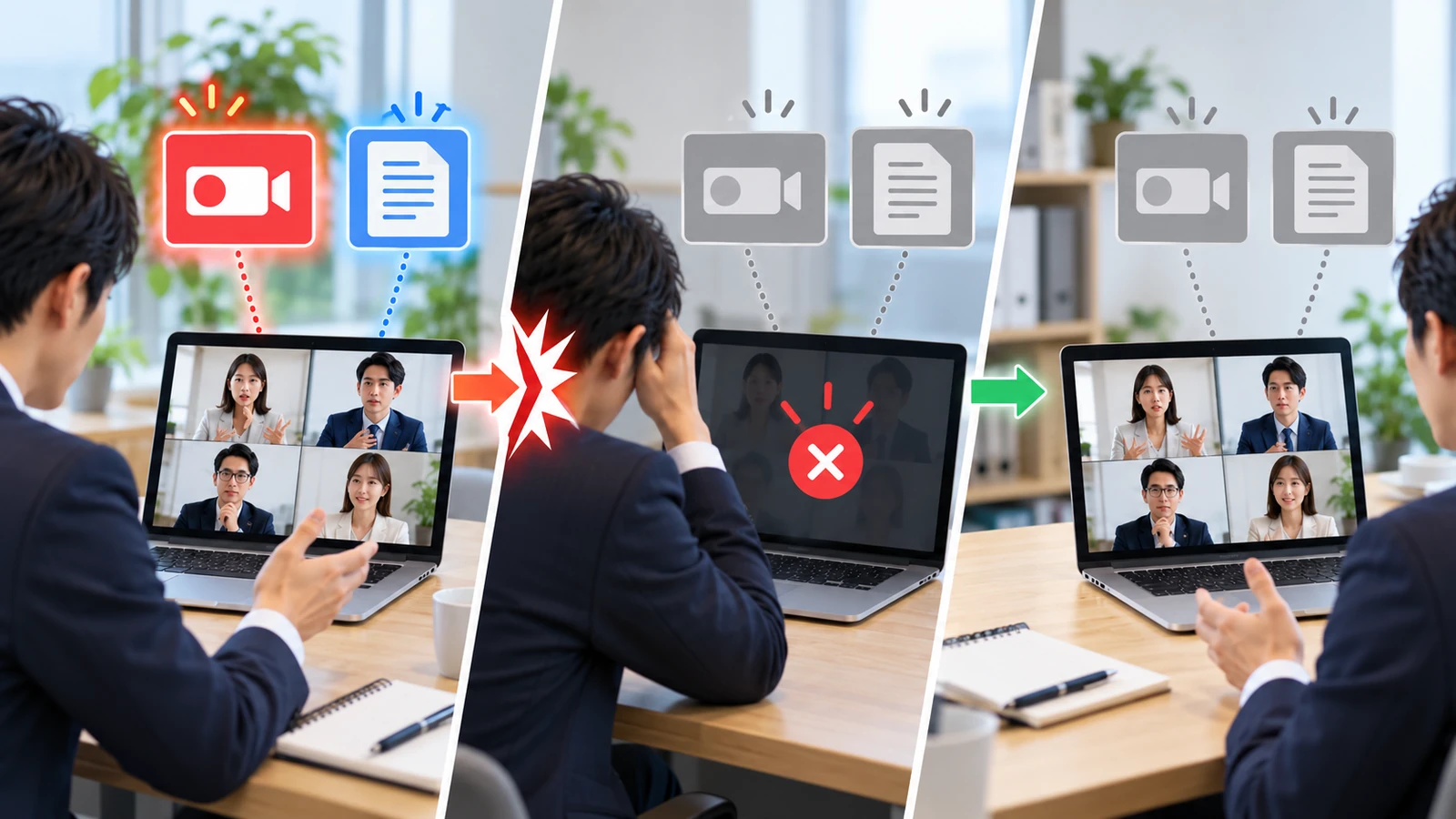 3コマ並びのイラスト。1コマ目は会議中で録画と議事録のアイコンが色付きで点いている。2コマ目は会議が切れて2つのアイコンが灰色になる。3コマ目は入り直して会議は戻っているが、2つのアイコンは灰色のままになっている
