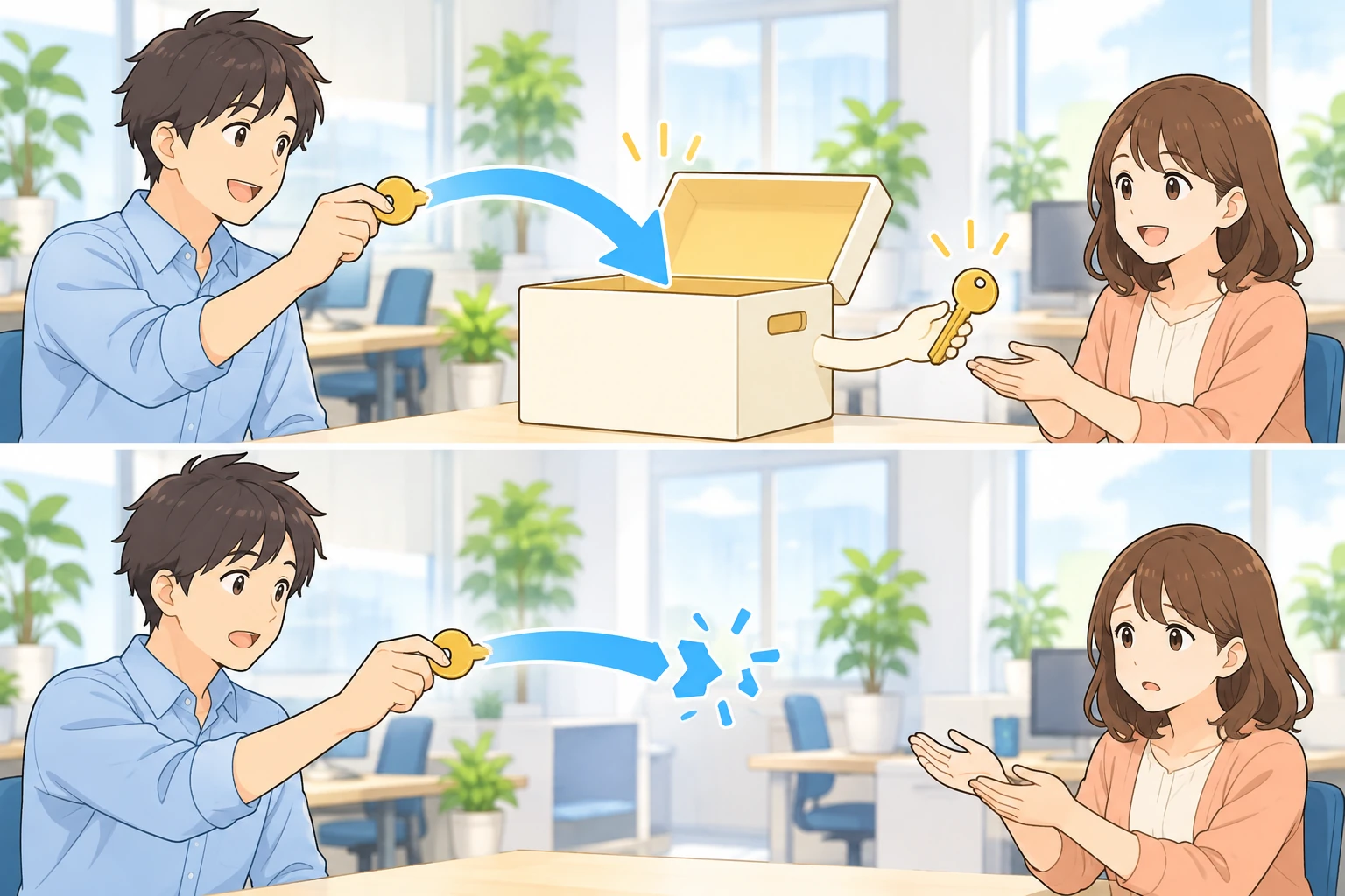 上下2段の図。上は人から箱へ矢印が通り、箱から相手へ鍵が渡っている。下は同じ人の横に箱が無く、矢印が行き先を失って途切れている
