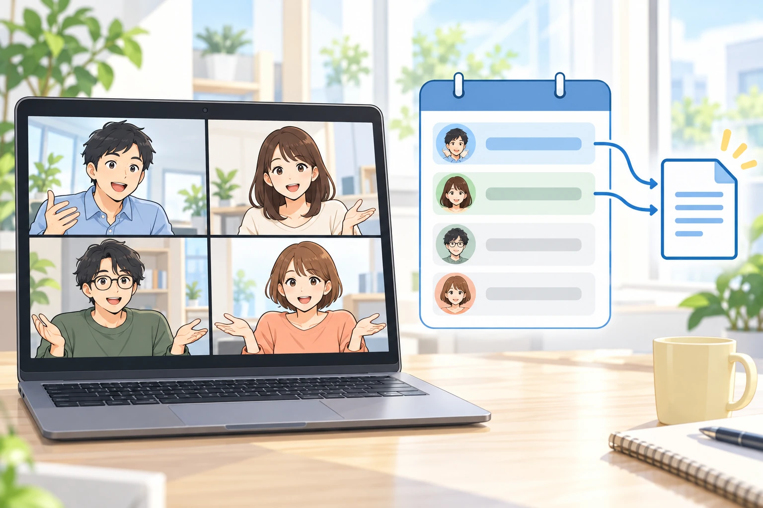 左右に分かれた図。左のノートPCの画面には4人が同じ会議に映っている。右はカレンダーの招待の一覧で、4行のうち上の2行だけに色が付き、そこから議事録のファイルへ線が伸びている。下の2行は灰色のままで、どこにもつながっていない