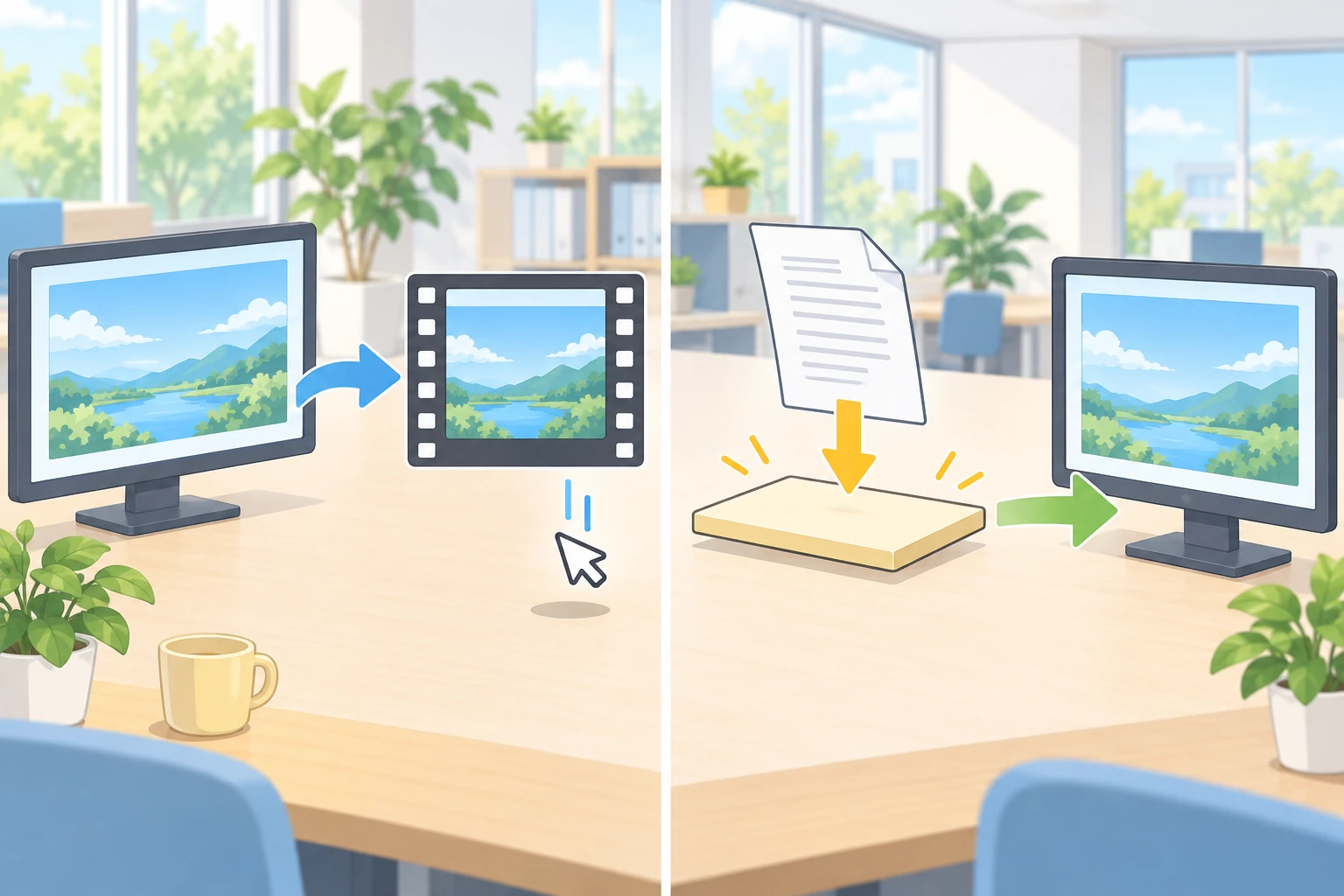 左の経路では画面を取り込むのでカーソルが入るかどうかが分かれ、右の経路では資料が1枚の板に焼かれて送られるためカーソルが最初から存在しない様子