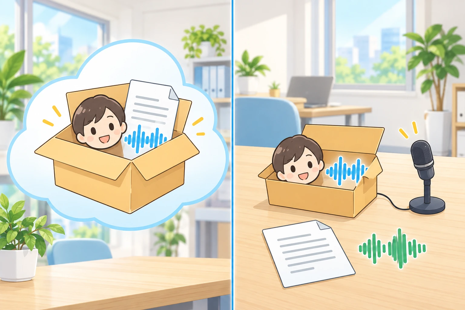 中央の線で左右に分かれた図。左は雲に包まれた箱で、資料・参加者の顔・音の波形の3つがまとめて入っている。右は机の上の箱で、入っているのは参加者の顔と音の波形だけ。資料ともう1本の波形は箱の外に置かれ、箱からはケーブルが1本だけマイクに伸びている