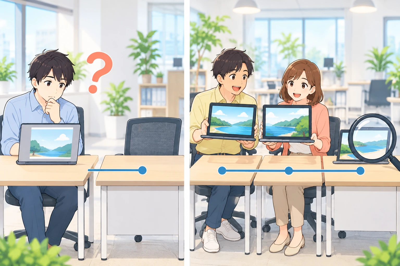左は受け手が1人だけで、隣の机が空いていて比べる相手がおらず、疑問符が浮かんでいる図。右は受け手が2人いて、2台を並べて見比べ、虫めがねが3つ目の机を指している図