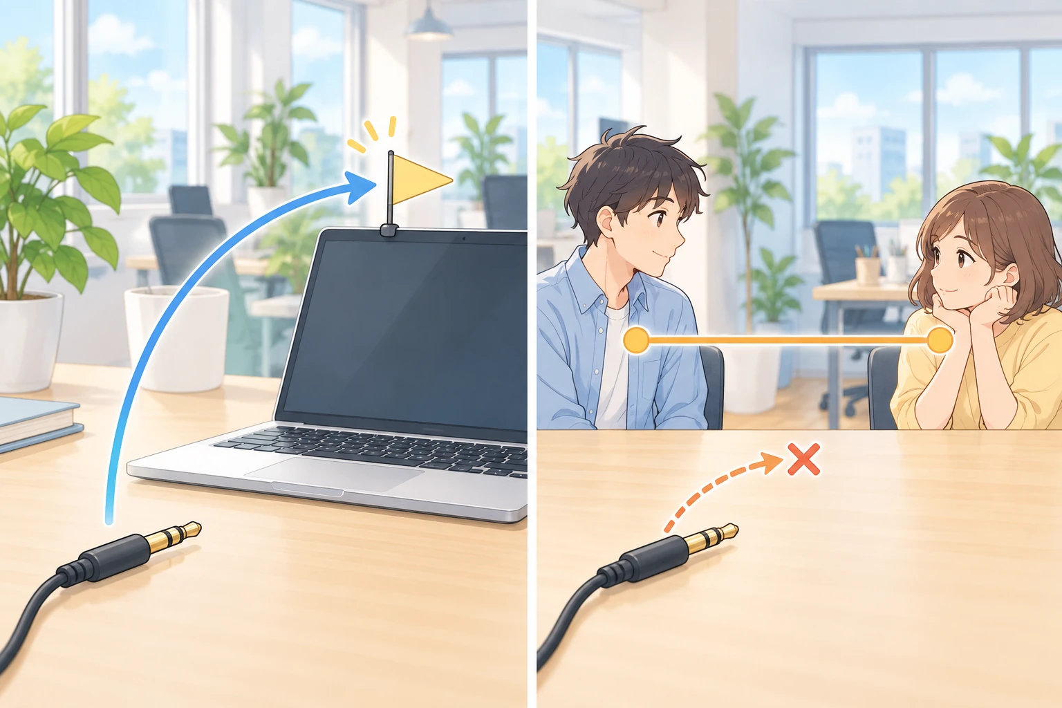 左右2枚に分けた図。左は机に置かれたイヤホンのプラグから青い矢印が伸び、ノートパソコンの上に立った小さな旗に届いている。右は向かい合った2人が橙色の線でつながっていて、同じプラグから伸びた破線の矢印はその線に届かず、手前で×印に当たって止まっている