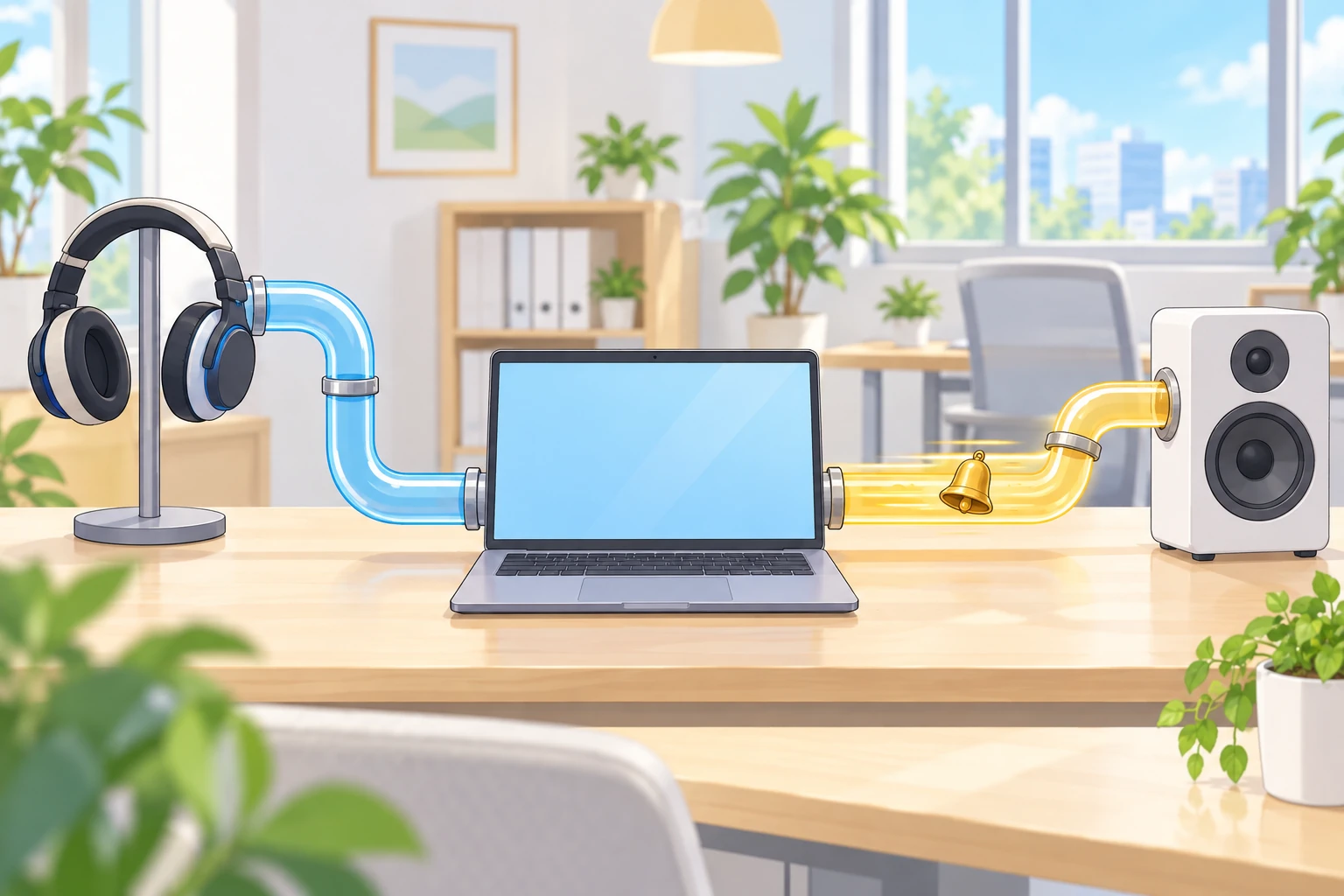 1台のノートPCから2本の管が別々に伸びている。左の青い管はスタンドに掛かったヘッドセットへ、右の黄色い管は机の上のスピーカーへつながり、ベルは右の黄色い管の中だけを進んでいる。2本の管はどこでも交わっていない