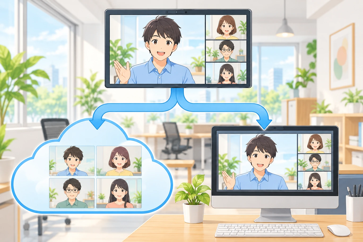 上の画面では1人が大きく、右に3人が小さく並んでいる。そこから2本の矢印が下へ分かれ、左の雲の中には4人が同じ大きさで並んだ絵が、右のデスクトップパソコンの画面には上と同じ「1人だけ大きい」並びがそのまま入っている