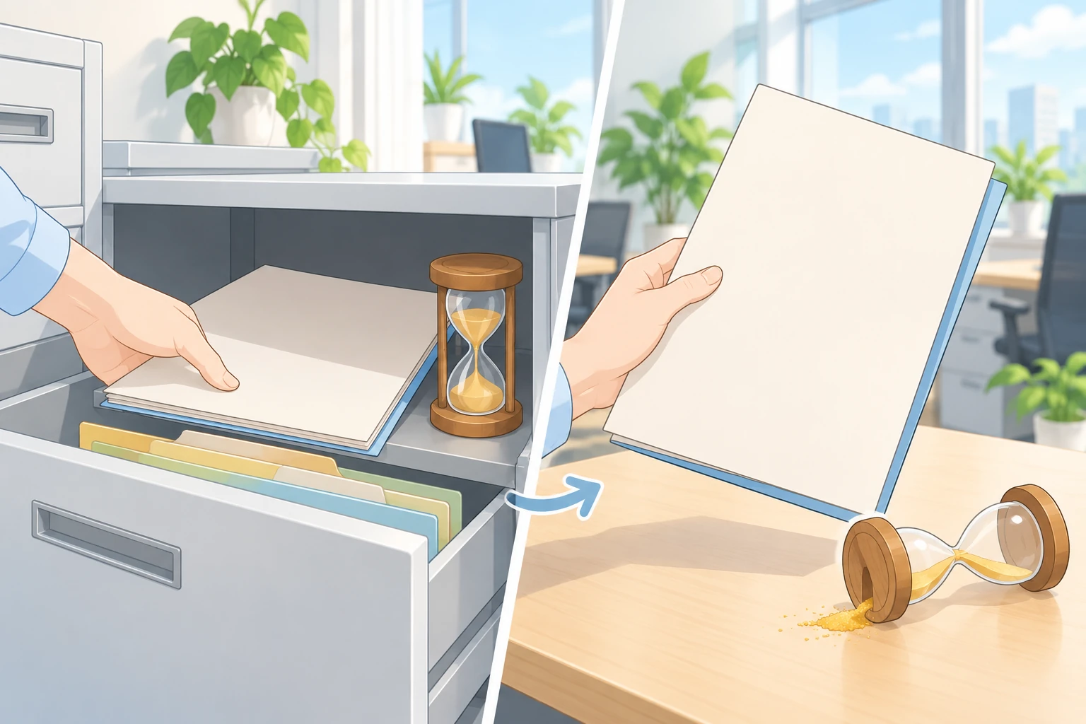 左右に分かれた図。左は書類棚の引き出しの中で、書類の横に砂時計が立っていて砂が落ちている。右は同じ書類を手が引き出しから取り出して持ち上げたところで、机に残った砂時計は横倒しになり、砂が机にこぼれて落ちなくなっている