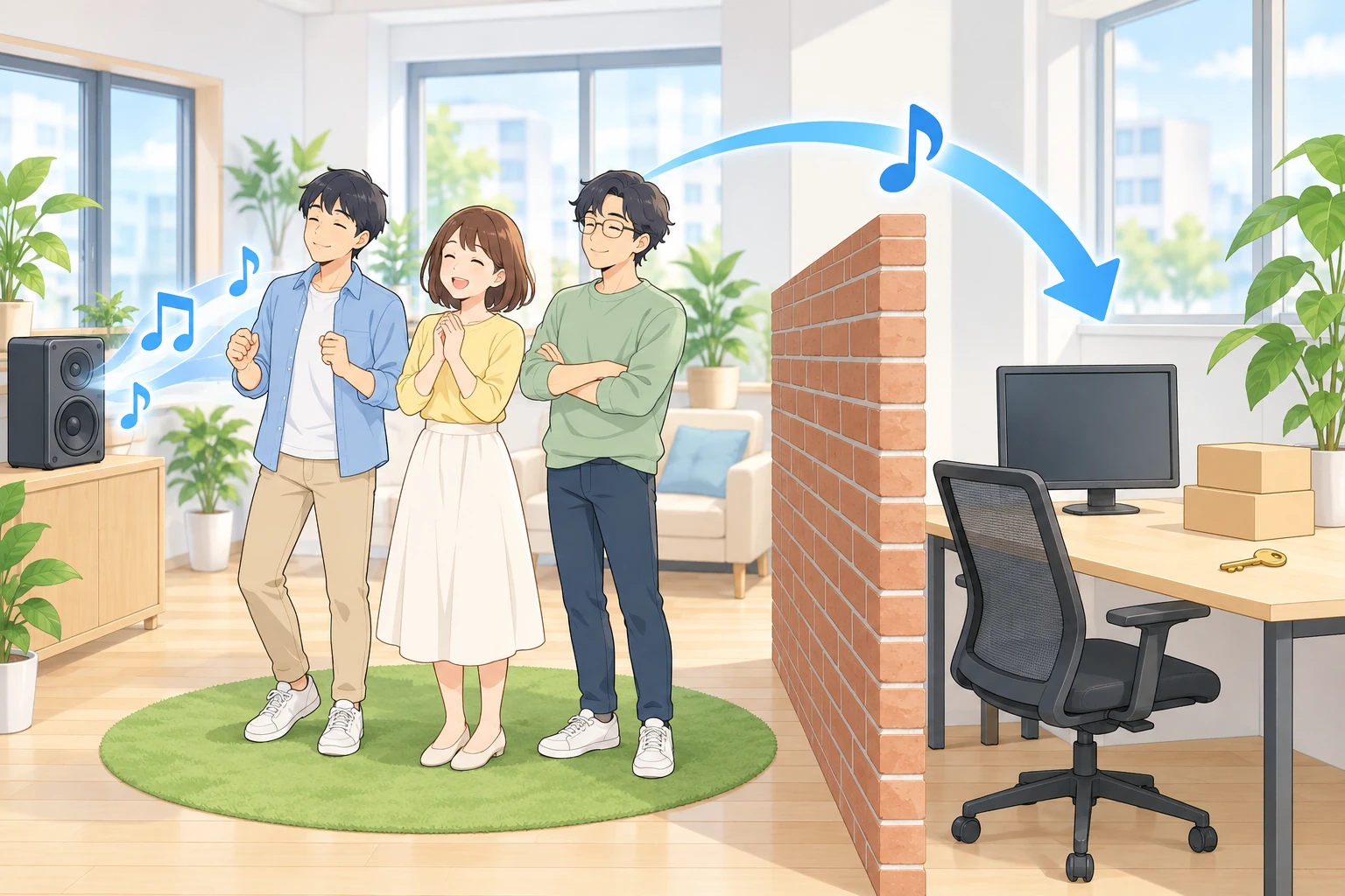 左右に分かれた図。左は部屋の中のスピーカーから音符が流れ、緑の円いラグの上に立った3人がその場で聞いている。右はレンガの壁を越えて青い矢印が音符を1つ運んでいき、その先には誰も座っていない椅子と机とモニターがあり、机の上に段ボール箱が2つと金色の鍵が置かれている