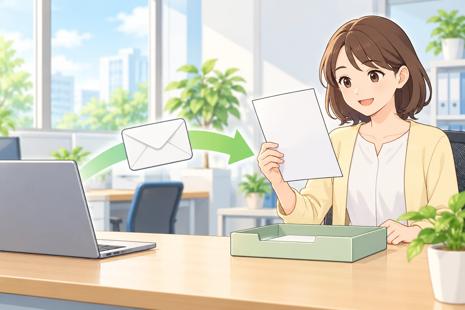 左のノートパソコンから緑色の矢印が伸び、封筒を運んで右の席へ届いている。受け取った人は何も書かれていない紙を一枚持ち上げて見せていて、手前の机には空の書類トレイが置かれている