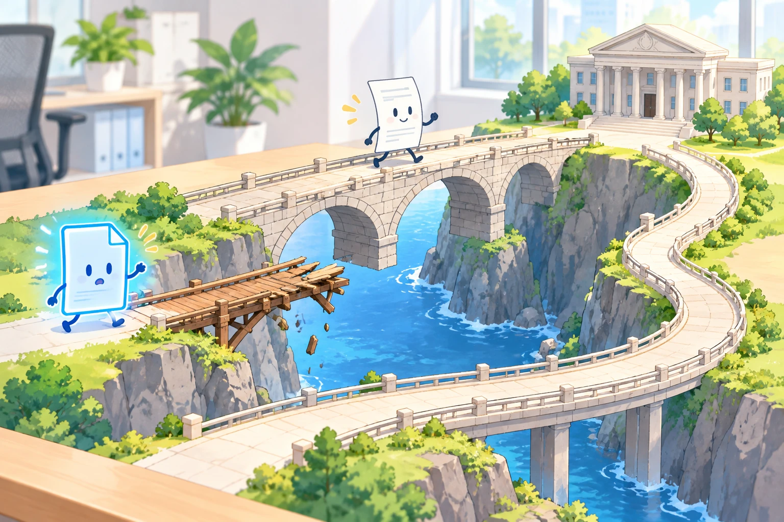 紙の書類は石の橋を渡って向こう岸へ行けるが、電子ファイルの前の橋は途中で途切れていて、別の橋が大きく迂回して同じ場所へつながっている