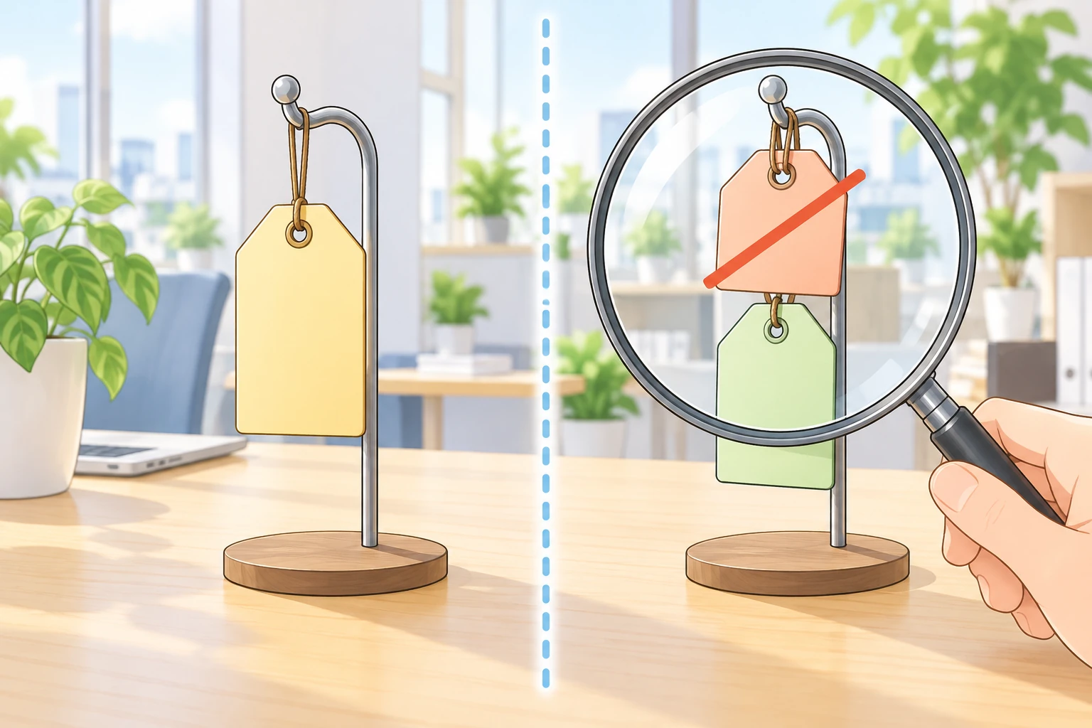 点線で仕切られた机。左側のスタンドには値札が1枚だけ下がっている。右側では同じ形のスタンドに2枚が下がり、上の1枚に斜線が引かれ、その対に虫めがねがかざされている