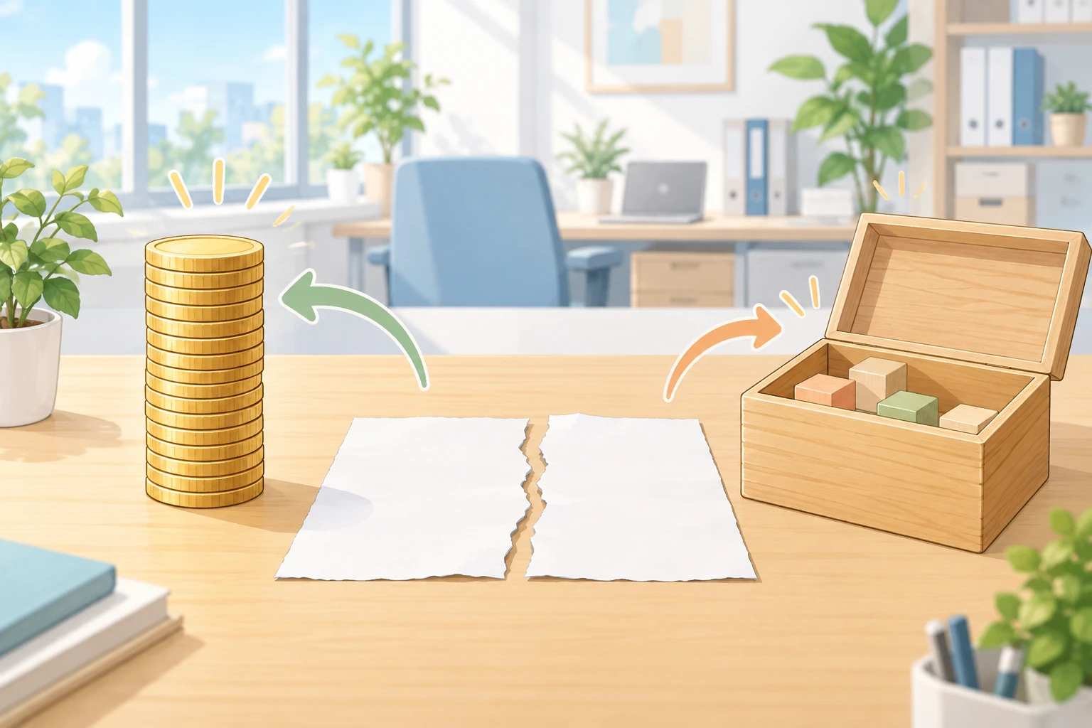 机の中央に、真ん中から2つに裂けた白い紙が置かれている。左には金貨が隙間なく高く積み上がり、そこへ緑の矢印が戻る向きに伸びている。右には蓋の開いた木の箱があり、中の積み木は底に数個しか残っておらず、そこへ細いオレンジの矢印が戻る向きに伸びている