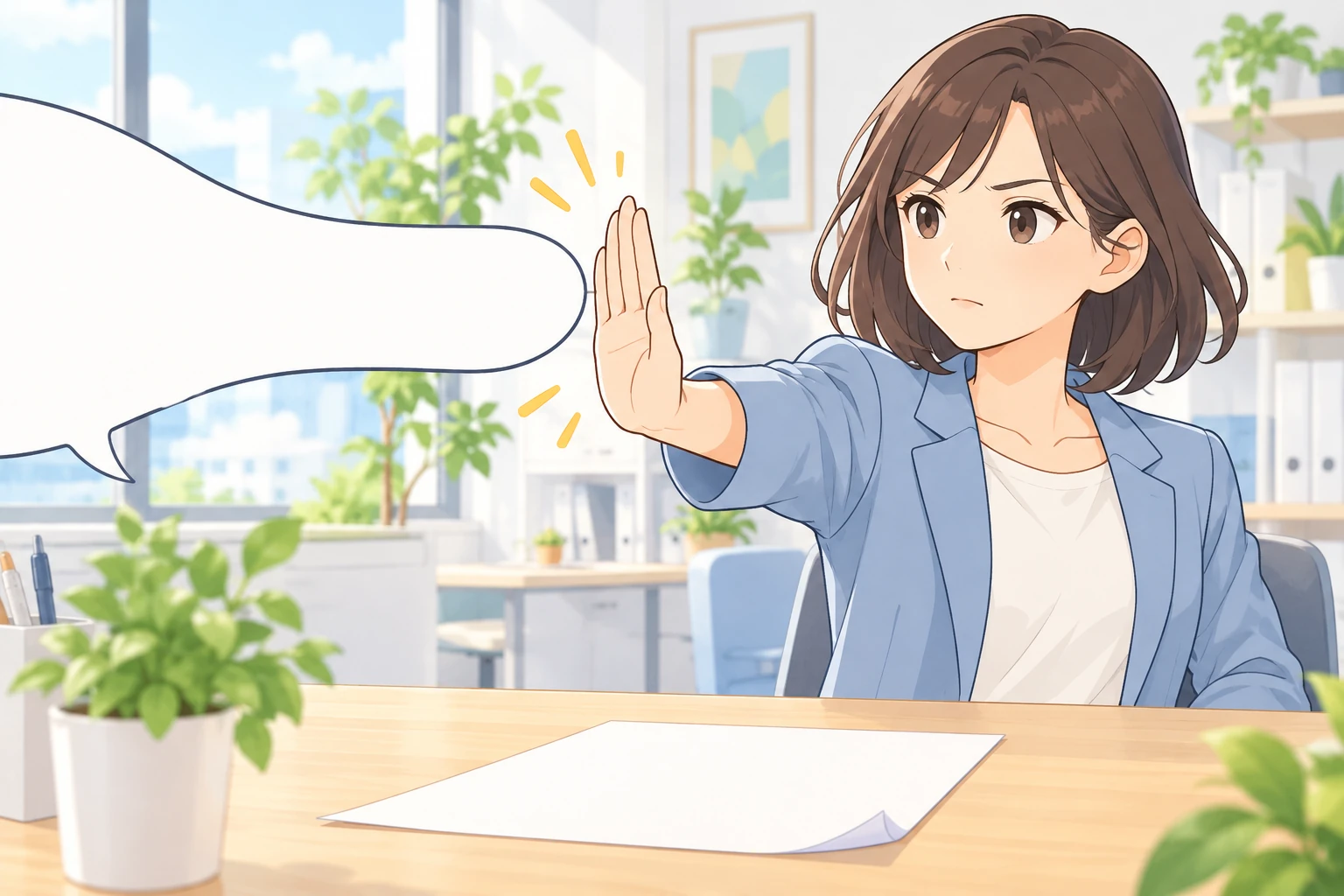 明るい室内で、左から伸びてきた空白の吹き出しが、机の向こうに座る人の広げた手のひらに遮られて途切れている。手前の机には、何も書かれていない紙が1枚置かれ、右下の角がめくれ上がっている