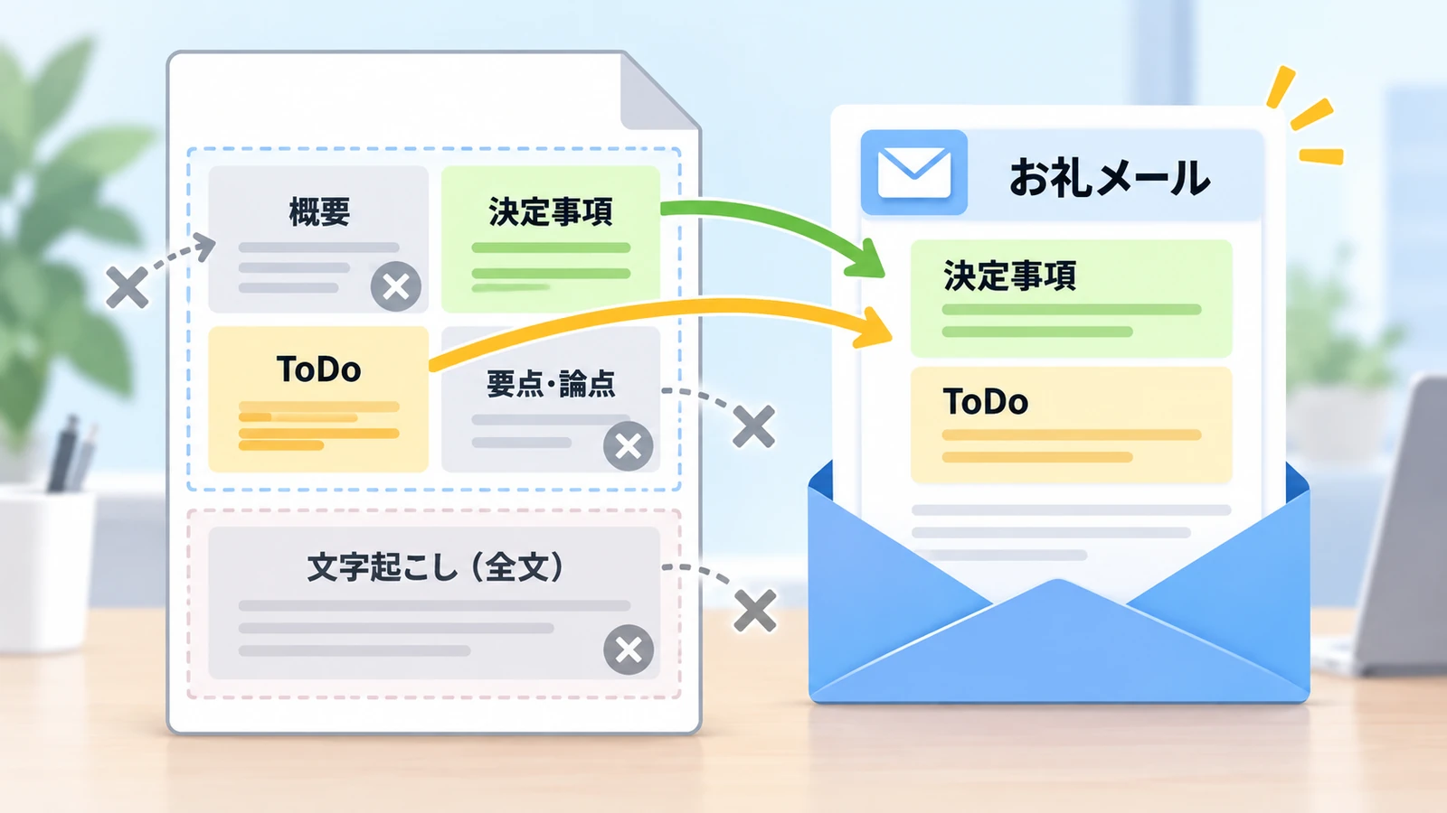 議事録は4項目＋文字起こし全文。メール本文に貼るのは決定事項とToDoの2つ