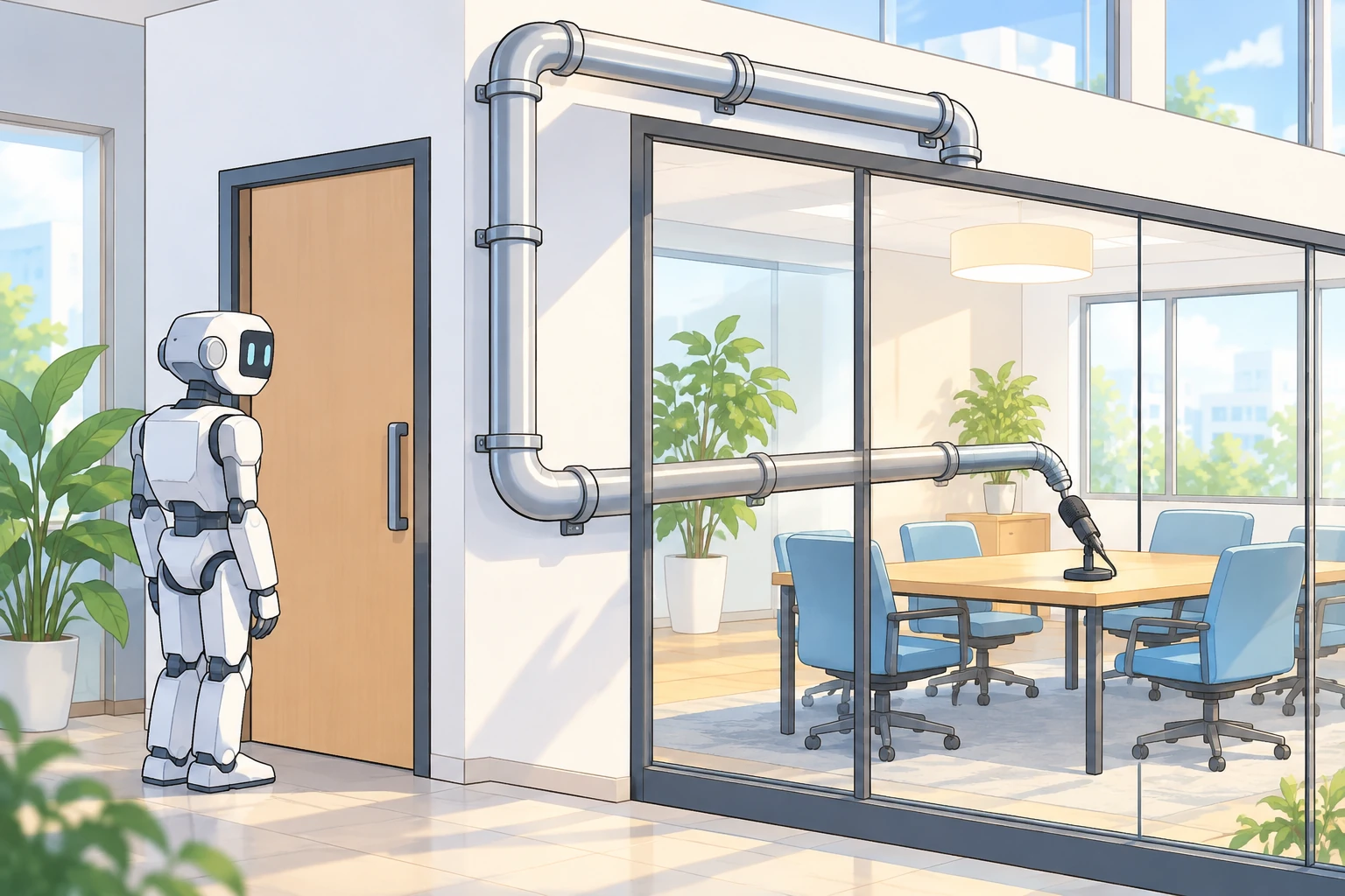 左側では閉じた木の扉の前にロボットが立って待っていて、右側では建物の外壁に沿った金属の配管が会議室の中まで伸び、机に置かれたマイクに届いているイラスト