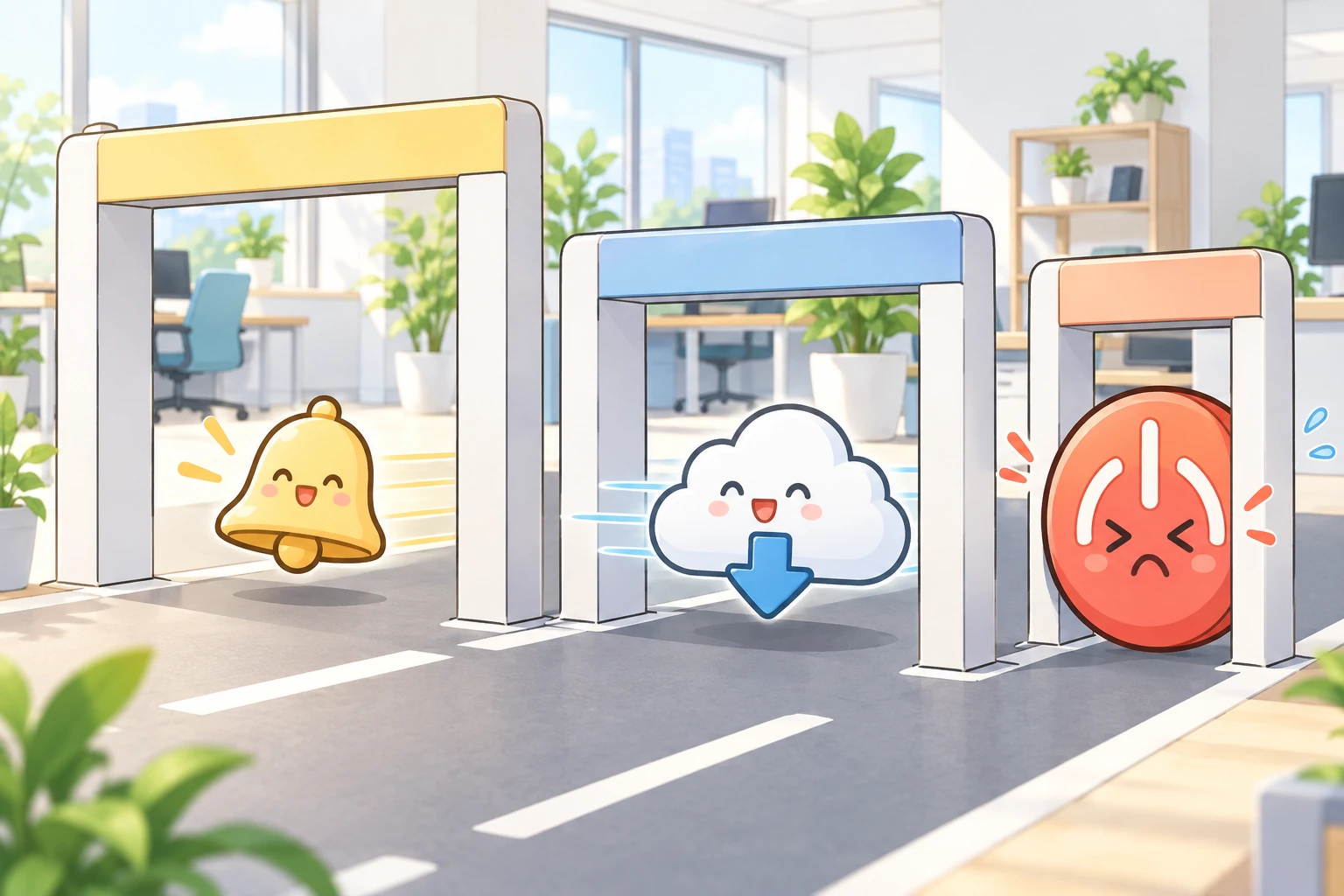 幅の違う3つの門が道に並んで立っている。いちばん広い手前の門をベルが通り抜け、真ん中の門を下向きの矢印をつけた雲が通り抜け、いちばん狭いいちばん奥の門では、赤い丸い電源の印がつかえて止まっている