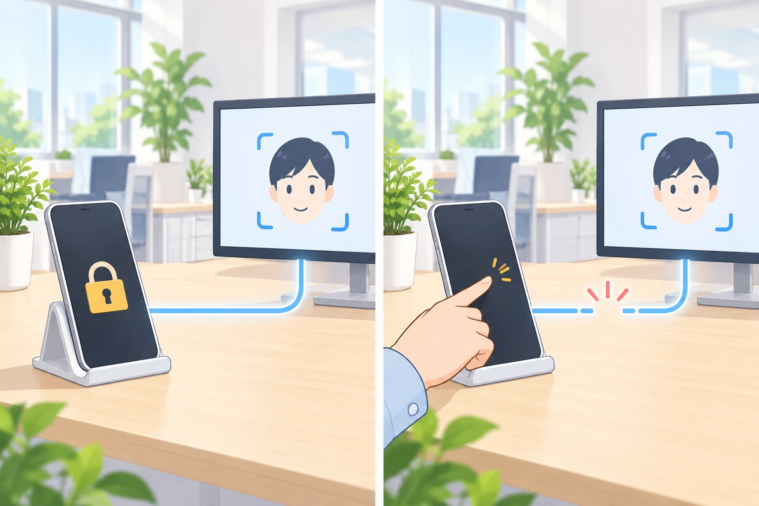 左は、錠前の印が出たスマートフォンから青い線がまっすぐモニターにつながり、モニターに顔が映っている図。右は、同じスマートフォンに指で触れたところで、青い線が途中で切れている図
