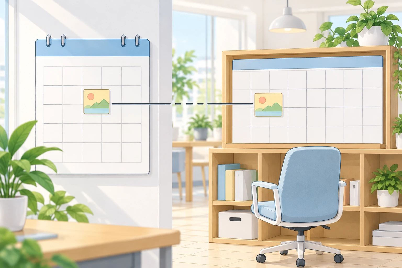 左の壁のカレンダーに1枚のカードが入っていて、そこから右へ伸びる線は途中から破線になり、同じカードが入った棚の上の大きなカレンダーにつながっている。棚の前の椅子には誰も座っていない