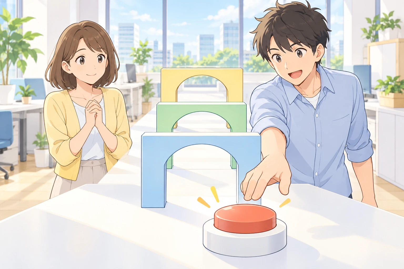 机の上に3つのアーチ型の門が一列に並び、その手前に丸い赤いボタンが置かれている。2人のうち1人だけがボタンに手を伸ばしていて、もう1人は手を組んで見ている