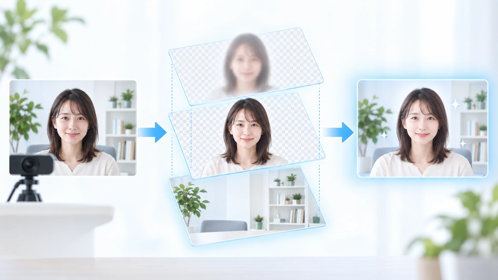 カメラの1コマを「背景・切り抜いた人物・ぼかした人物」の3層に分けて重ね、1本の映像にする流れ。背景の棚と観葉植物はぼけていない