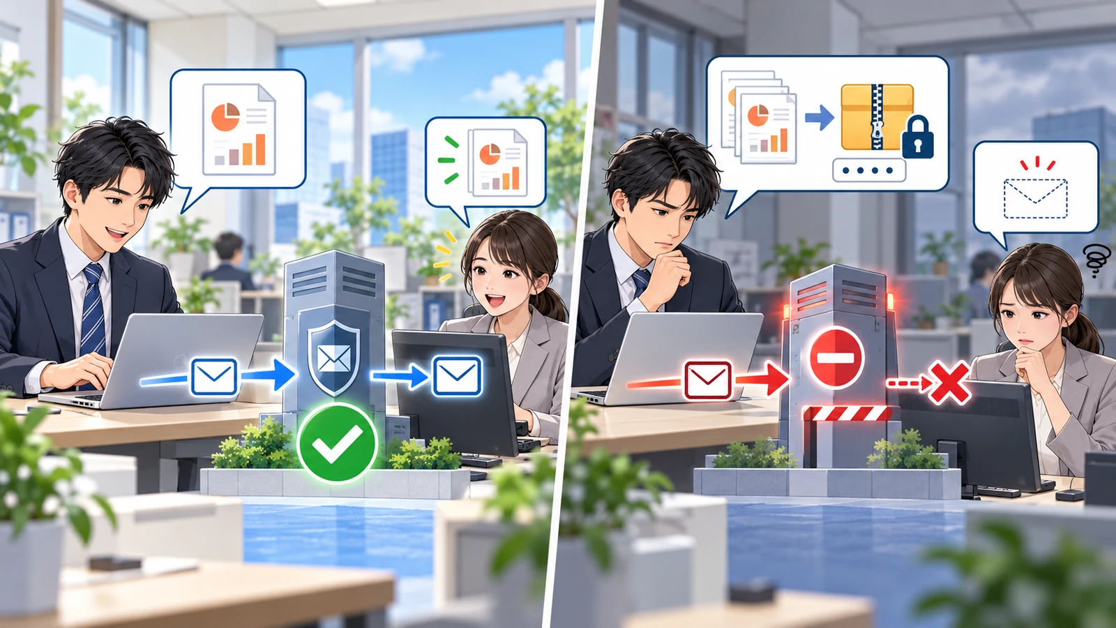 資料をそのまま送ると受信側に届くが、圧縮してパスワードをかけると受け取り口の手前で弾かれて相手に渡らない
