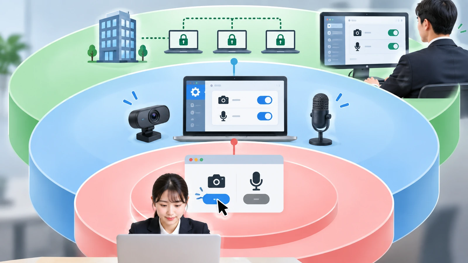 いちばん内側にサイトへの返事、その外側に端末の設定、いちばん外側に会社の管理者の決まりが、同心円で重なっている