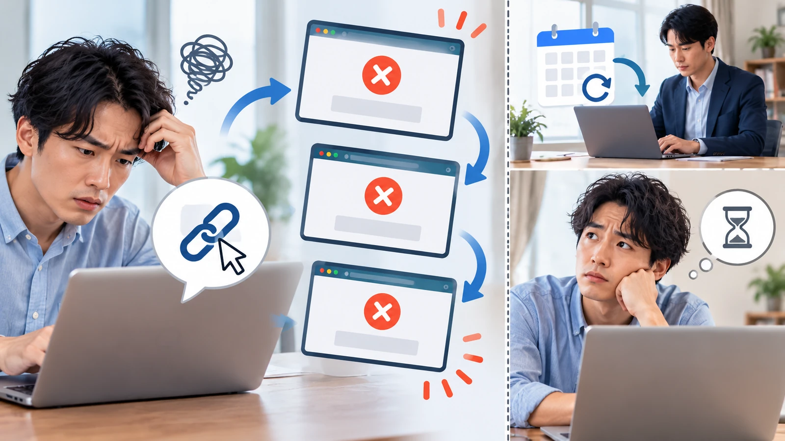 期限切れのリンクを押した人が同じエラーを何度も出しながら、主催者が予定を作り直すのを待つしかない様子の図