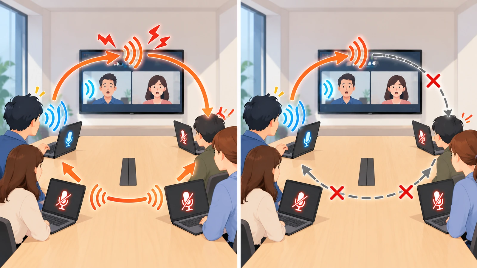左は発話者以外のマイクを消してあるのに、音の矢印が画面とパソコンの間を回り続けている図。右は音声接続そのものを切ったので、矢印が途中で赤いバツに止められている図