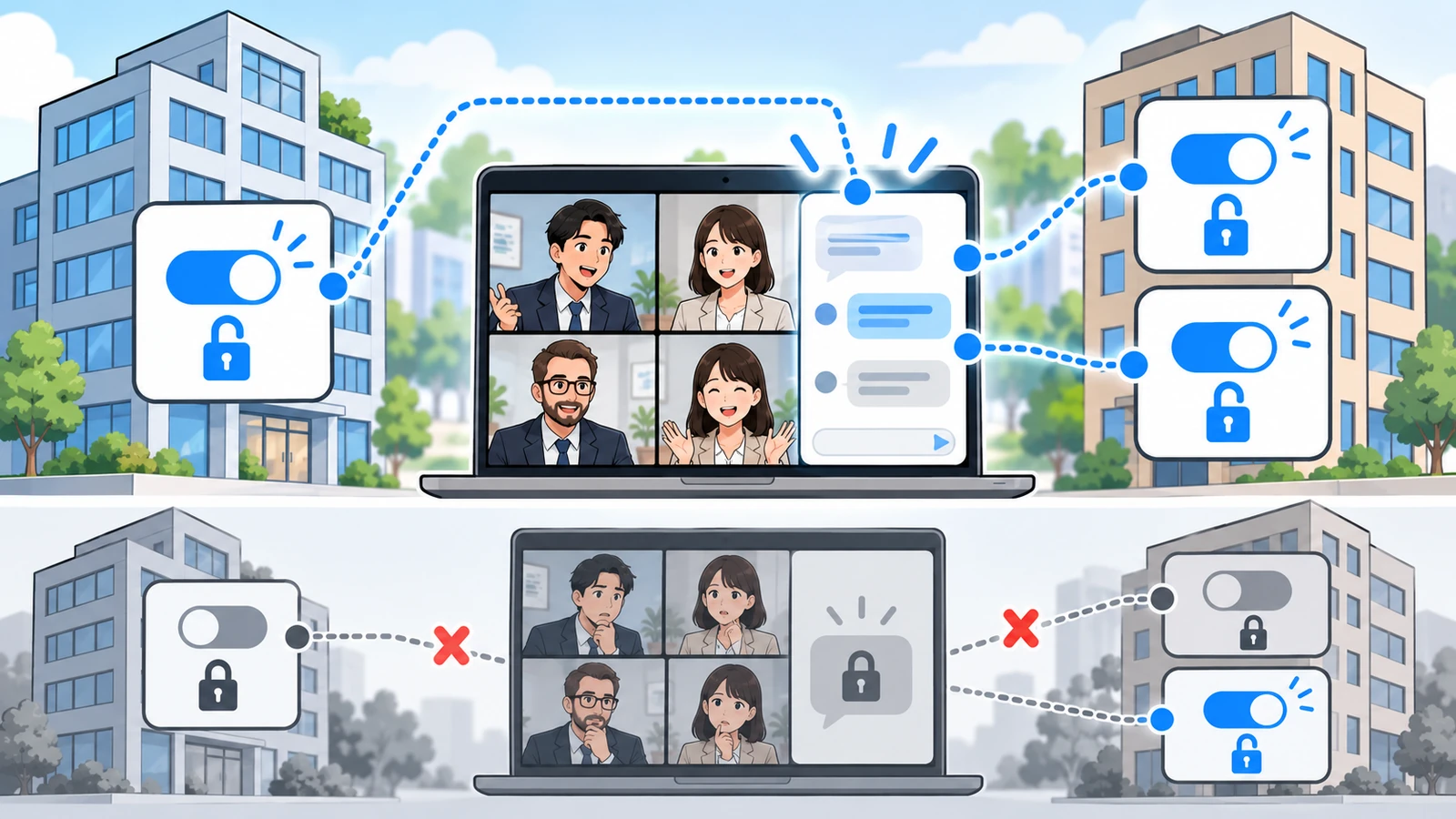 上下2段の図。上は左の会社に1つ・右の会社に2つある切り替えが全部入っていて、真ん中の会議のチャット欄が開いている。下は左の切り替えが切れていて、同じチャット欄に鍵が掛かっている